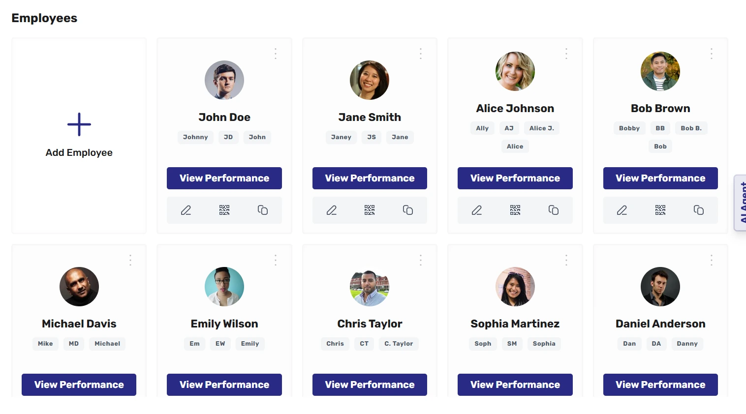 Employee profiles, each with a personal review code.