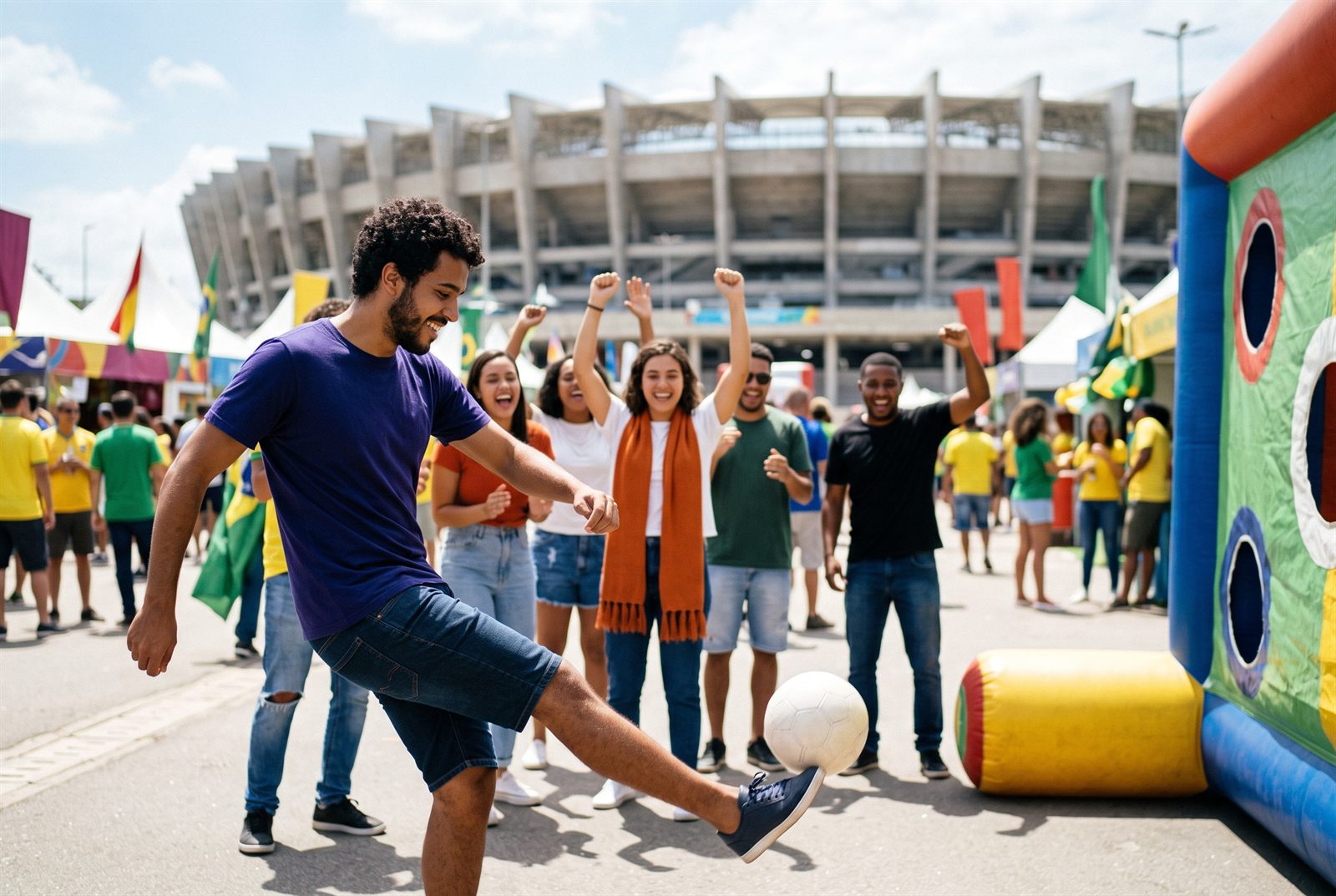 Fans cheering a penalty-kick game outside a stadium in S&atilde;o Paulo.