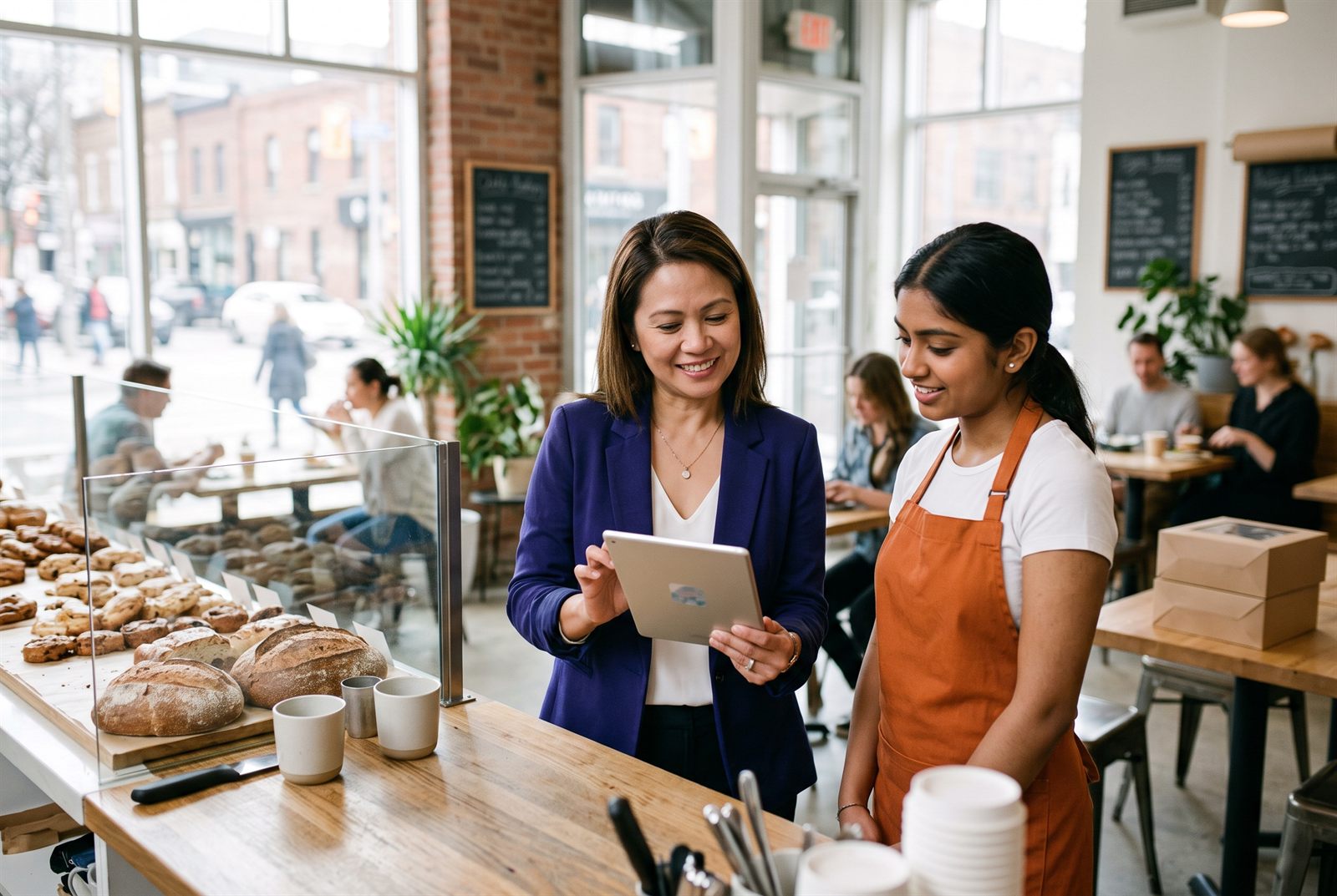 Store manager reviewing results on a tablet with a team member in a Toronto cafe.