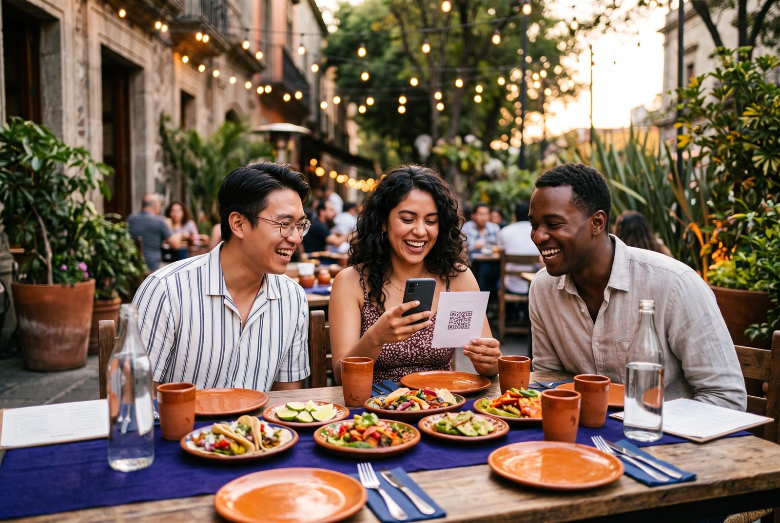 Friends scanning a QR table card on a restaurant terrace in Mexico City.