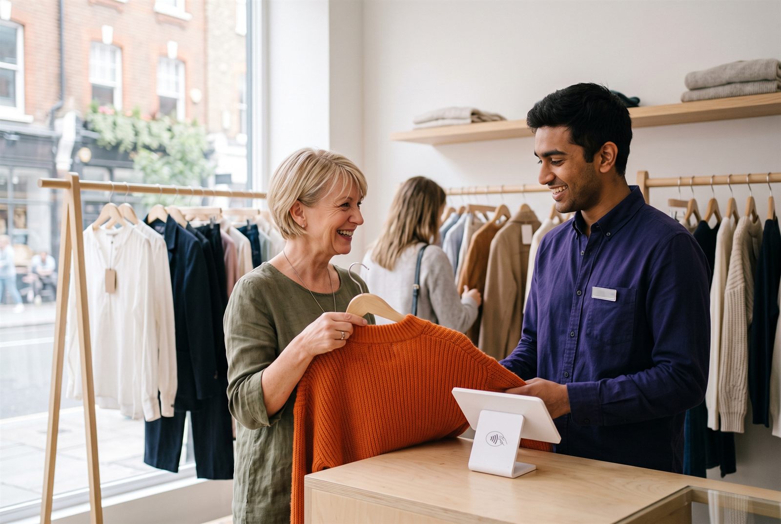 Shop assistant helping a customer choose a jumper in a London boutique.