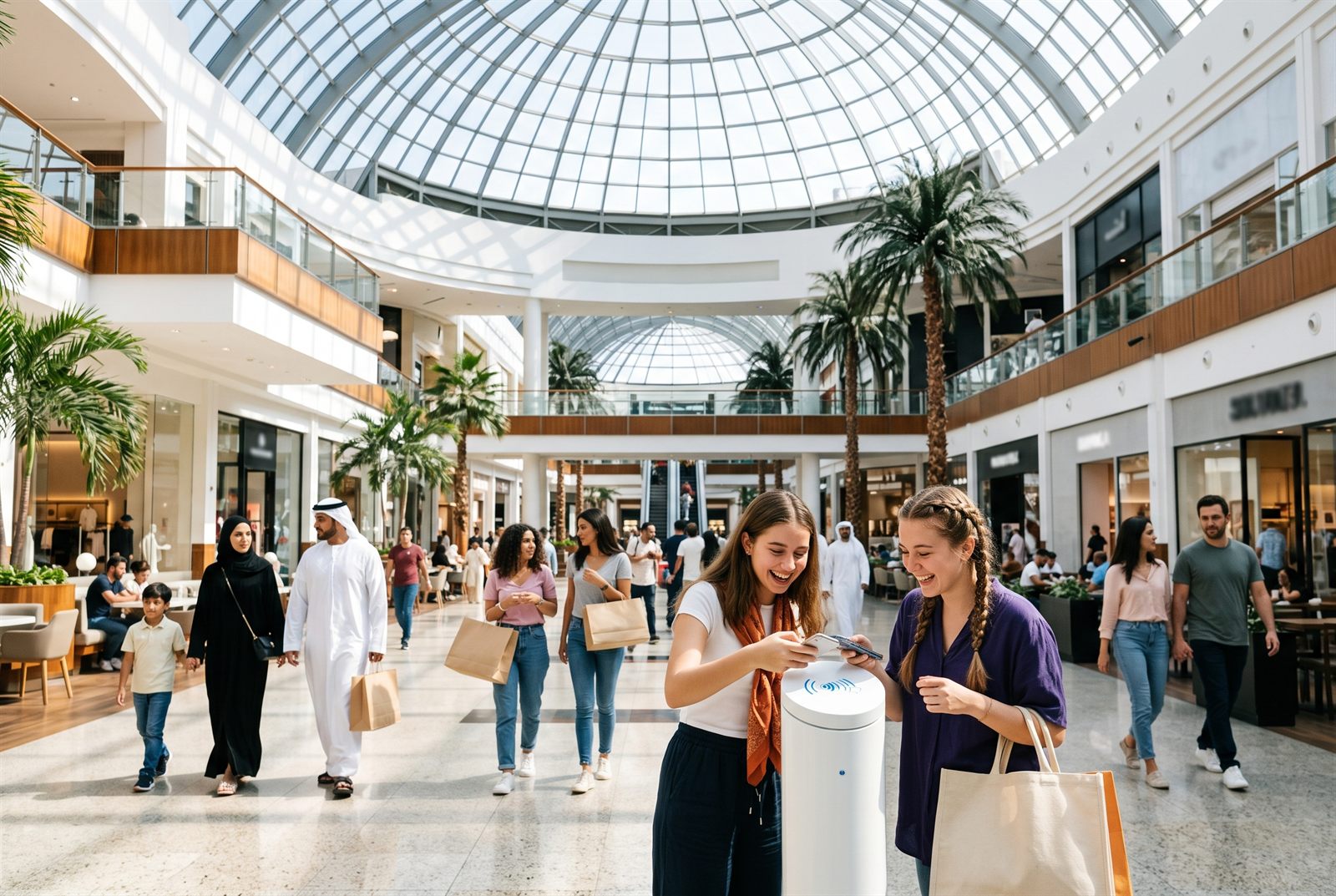 Shoppers in a bright Dubai shopping centre atrium tapping a phone on an NFC point.