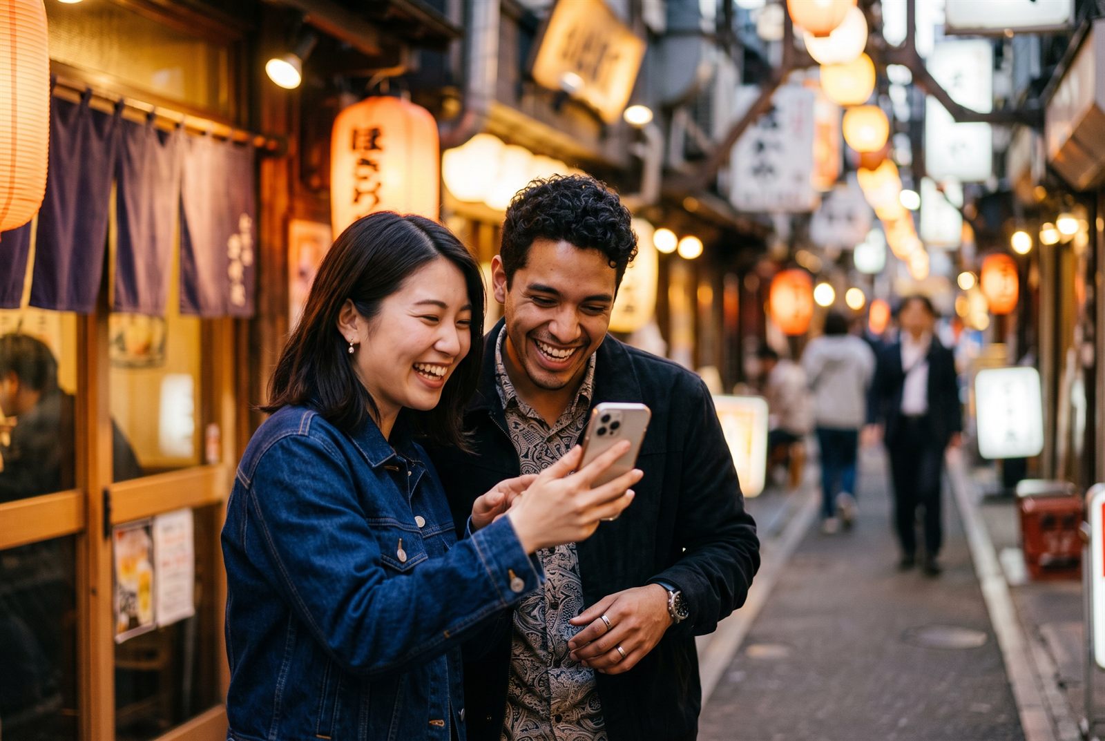 Friends finding a local spot on a phone in a Tokyo street at dusk.