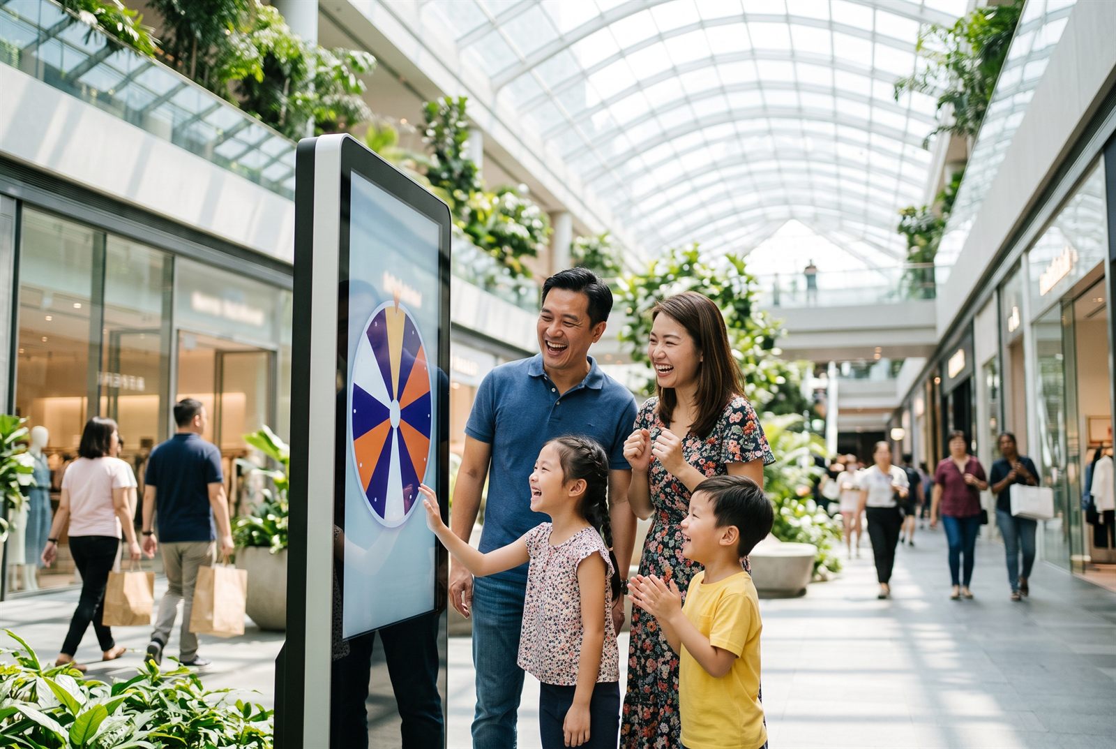 Family playing a spin-the-wheel game on a kiosk in a Singapore shopping centre.